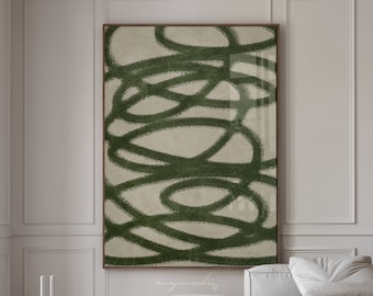 Dark Retro Green Modern Scribble Download Art, Chunky Line Art Doodle Printable Illustration, Olive Green Minimalist Organic Swirly Artwork