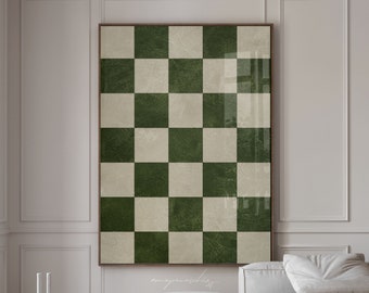 Dark Moss Green Checkered Digital Art Print, Masculine 70s Printable Wall Art, Preppy Chess Game Decor, Olive Green Wabi Sabi Abstract Print