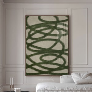 Scarabocchio moderno retrò verde scuro da scaricare, illustrazione stampabile di scarabocchio con linee spesse, opera d'arte minimalista verde oliva con vortici organici