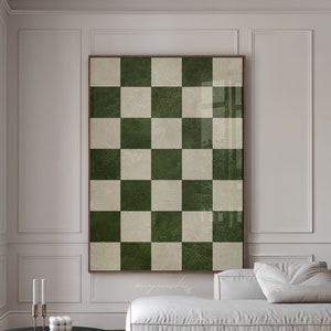 Dark Moss Green Checkered Digital Art Print, Masculine 70s Printable Wall Art, Preppy Chess Game Decor, Olive Green Wabi Sabi Abstract Print