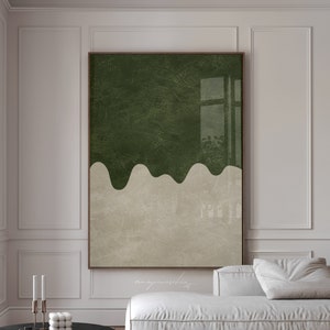 Dunkelgrüner moderner druckbarer Wandschmuck, Waldgrüner minimalistischer abstrakter Druck, Farbtropfende Wanddekoration, Olivgrünes schwermütiges ästhetisches Kunstwerk