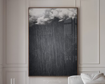 Dusty Blue Cloud Wall Art, Printable Rain Painting, Moody Apartment Wall Decor, Dark Blue Minimalist Cloud Print, Surreal Cloud Rain Artwork