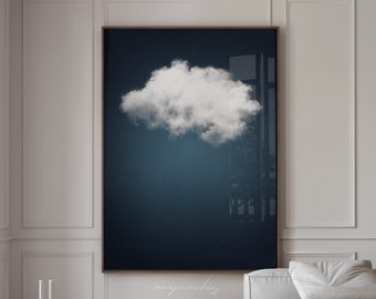 Dark Blue Wall Art, Cloud Printable Poster, Aesthetic Apartment Wall Decor, Navy Blue Minimalist Cloud Print, Neutral Blue Surreal Artwork