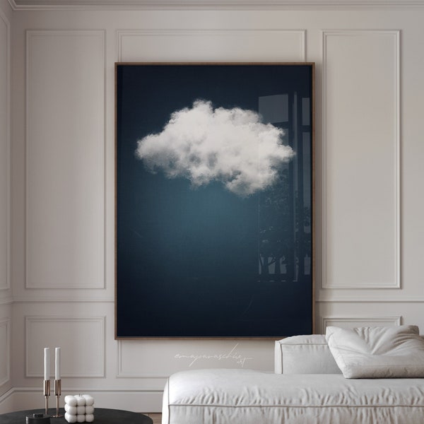 Dunkelblaue Wandkunst, Wolke druckbares Poster, ästhetisches Wohnungswanddekor, Marineblauer minimalistischer Wolkendruck, neutrales blaues surreales Kunstwerk