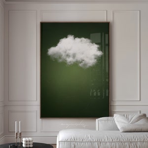 Arte de pared verde oscuro, póster imprimible de nubes, arte estético verde para apartamentos, impresión minimalista de nubes verde bosque, obra de arte surrealista verde oliva