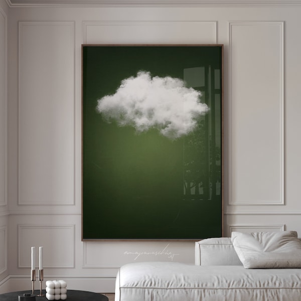 Art mural vert foncé, affiche imprimable en nuage, art d’appartement esthétique vert, impression nuage minimaliste vert forêt, œuvre d’art surréaliste vert olive