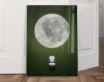 Dark Green Full Moon Printable Wall Art, Relaxing Surreal Digital Download Decor