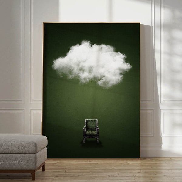 Dreamy Moss Green Cloud Downloadable Art, Printable Surreal Dark Green Aesthetic Poster, Cloud & Chair Wall Art, Dark Boho Modern Room Decor
