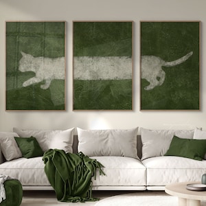 Extra Large Dark Olive Green Cat Triptych Printable Wall Art, Set of 3 Minimalist Textured Continuous Split Print, Unusual Long Feline Decor