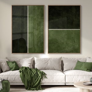 Moderne geometrische 2-er Set digitale dunkelgrüne Drucke, extra große moosgrüne minimalistische Formen druckbare Kunst, Set mit 2 grünen abstrakten Kunstdrucken