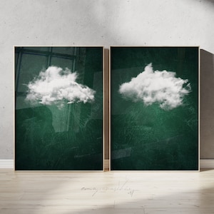 Conjunto de nubes imprimibles verde esmeralda, arte de pared minimalista de 2 piezas en verde joya, decoración de ensueño en verde jade, conjunto de 2 impresiones grandes en verde oscuro