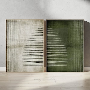 Abstrakte geometrische olivgrüne Wandbilder, bedruckbare Kunst im Set, dunkelgrüne minimalistische Kunstdrucke, extragroßes beunruhigtes Wanddekor