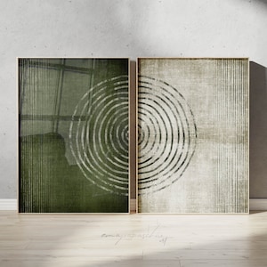 Dunkelgrüne Baumringe 2er Set druckbare Kunst, olivgrünes skandinavisches abstraktes Kunstwerk, neutralgrünes Prints, großes rostiges Grün Mid Century Kunstwerk