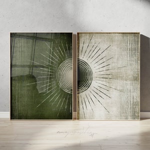 Dark Green Printable Art Set, Forest Green Abstract Sun Art Prints, Minimalist Olive Green Wall Art, Extra Large Distressed Ivory Wall Decor