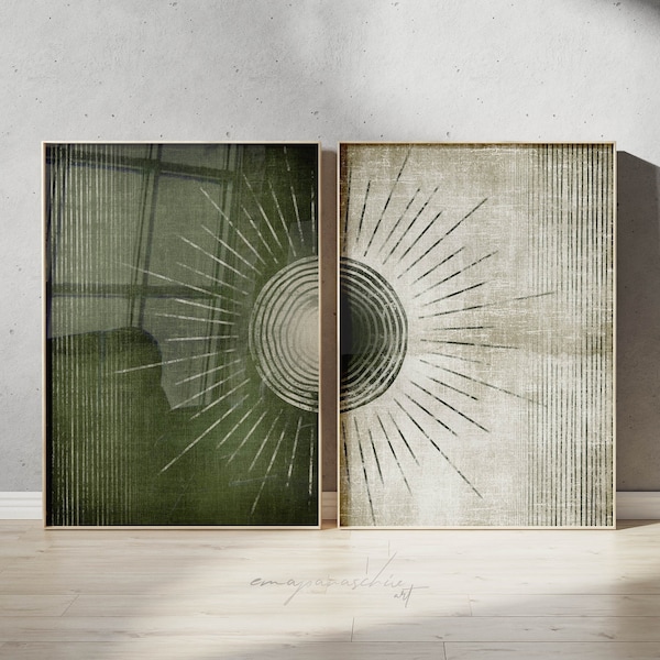 Mörkgrönt utskrivbart konstset, skogsgröna abstrakta solkonsttryck, minimalistisk olivgrön väggkonst, extra stor väggdekoration i elfenbensfärgat material