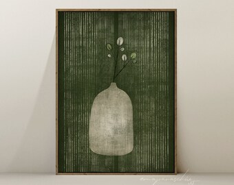 Waldgrün Stillleben Digitaldruck, Dunkelgrün Elfenbein druckbare Kunst, Olivgrün Botanische Kunst, Plant Mom Print, minimalistische Vasenmalerei