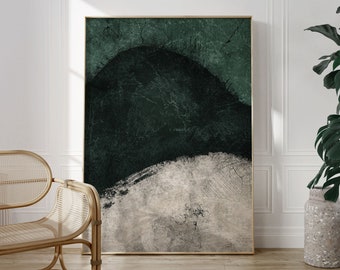 Pode incluir: Impressão de arte abstrata com um esquema de cores verde escuro e branco. A impressão apresenta uma grande forma abstrata no centro, com um fundo texturizado.