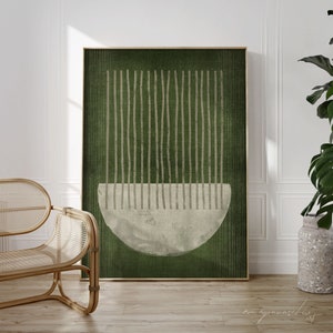 Grand art mural abstrait Japandi vert olive foncé imprimable, impression d'art numérique minimaliste Wabi Sabi vert mousse foncé, décoration esthétique simple