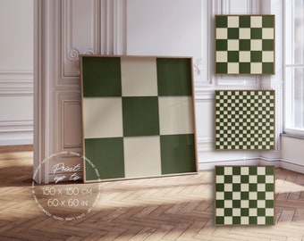 Square Dark Green Retro Checkerboard Printable Wall Art, Set Of 4 Masculine Industrial Checkered Print Set, Minimalist Japandi Chess Decor