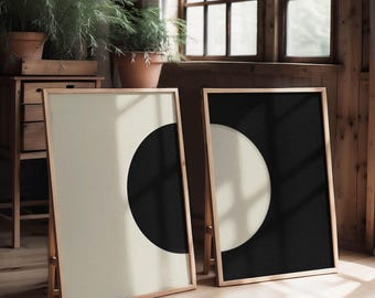 Art mural imprimable 2 pièces cercle symétrique noir, diptyque minimaliste relaxant neutre au-dessus du canapé à télécharger