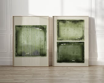 Hunter Sage Green 2-delige digitale kunstprints, moderne Japandi afdrukbare muurkunst, vintage groene esthetische home decor, Wabi Sabi dubbele print