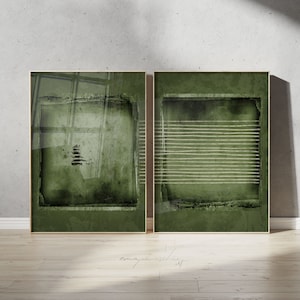 Set Of 2 XXL Dark Moss Green Printable Wall Art, Wabi Sabi Olive Green Cozy Home Decor, 2 Piece Deep Retro Green Japandi Digital Art Prints