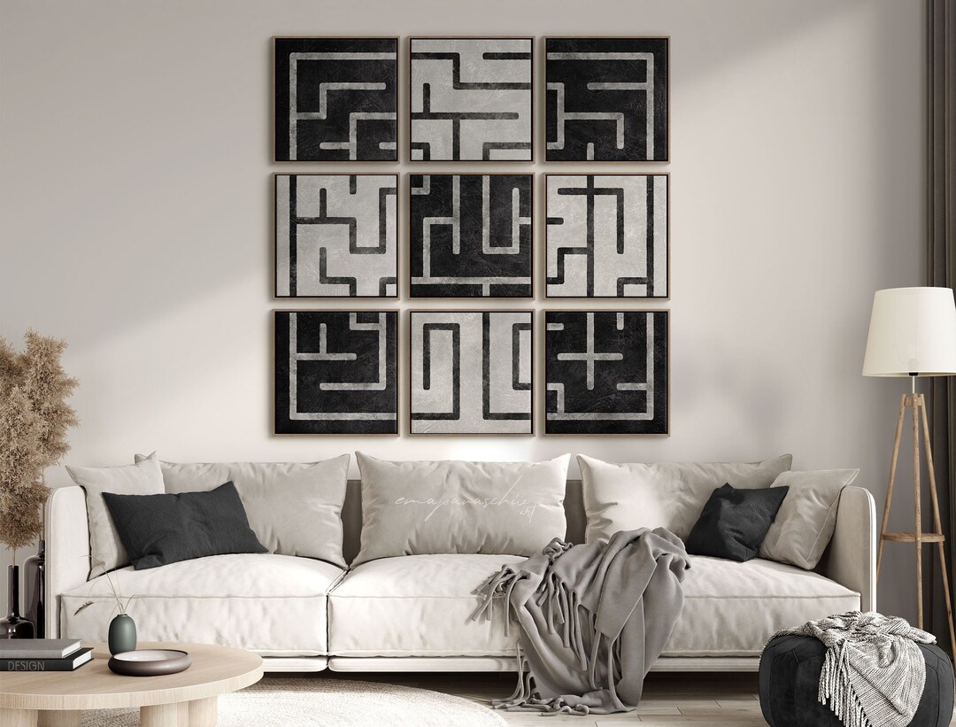 9-piece Neutral Checkered Labyrinth Printable Wall Art, Oversized ...