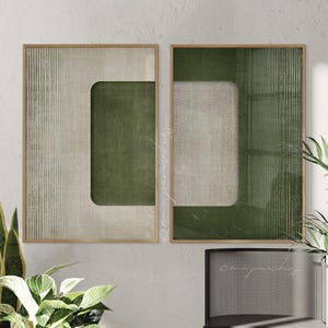 Minimalistiska mörkt olivgrön diptykväggkonsttryck: 2-delad modern abstrakt dekor som konsttryck, inramad affisch eller canvasväggdekor
