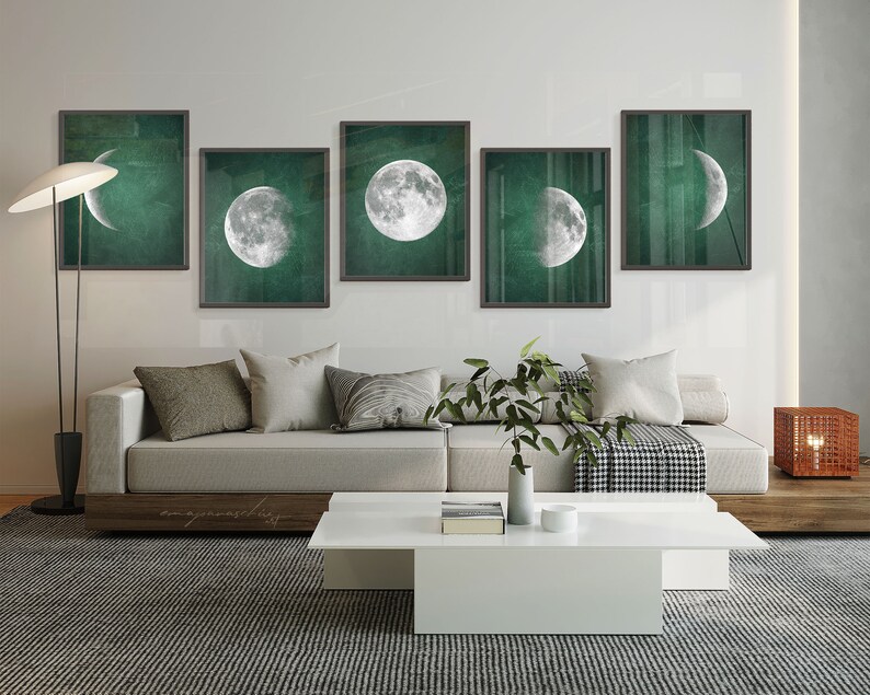 Emerald Green Lunar Phases Printable Gallery Wall Set, Moody Moon Phase ...
