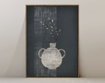 Moody Floral Dark Slate Blue Printable Wall Art, Minimalist Wabi Sabi Vase Digital Download