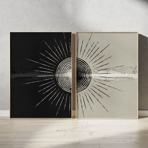 2er-Set Schwarz, dunkel ästhetisch, elegant, druckbare Wandkunst, neutrale schwermütige abstrakte Split-Sonnendrucke, extragroßes Statement-Diptychon-Dekor