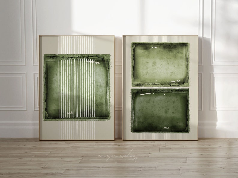 Hunter Sage Green 2 Piece Digital Art Prints, Modern Japandi Printable Wall Art, Vintage Green Aesthetic Home Decor, Wabi Sabi Double Print image 1