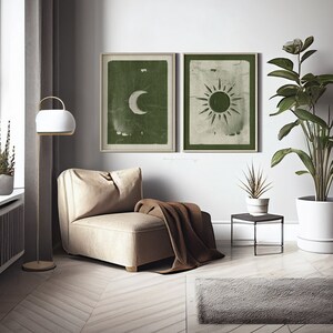 Olive Green Sun and Moon Wall Art, Dark Green Printable Abstract Art