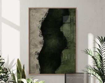 Abstract Dark Olive Green Art Print, Moody Japandi Landscape Wall Decor