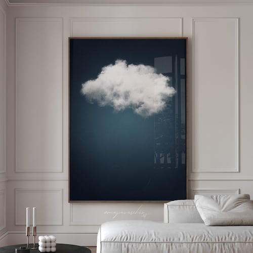Art mural imprimable nuage bleu foncé, décoration d'intérieur en téléchargement numérique neutre minimaliste de mauvaise humeur
