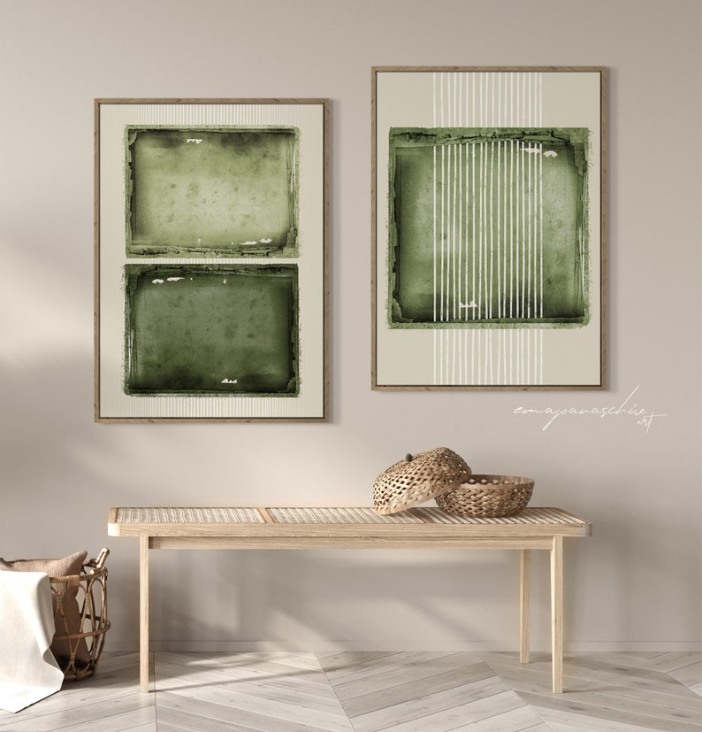 Hunter Sage Green 2 Piece Digital Art Prints, Modern Japandi Printable Wall Art, Vintage Green Aesthetic Home Decor, Wabi Sabi Double Print image 7