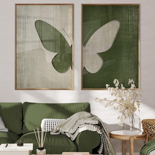 Set of 2 Moss Green Butterfly Downloadable Art Print, Dark Green