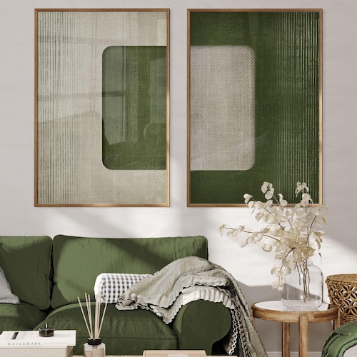 2 Piece Green Beige Digital Prints, Olive Green Modern Printable Art, Simple Minimal Designer Wall Decor, Aesthetic Dark Green Geometric Art