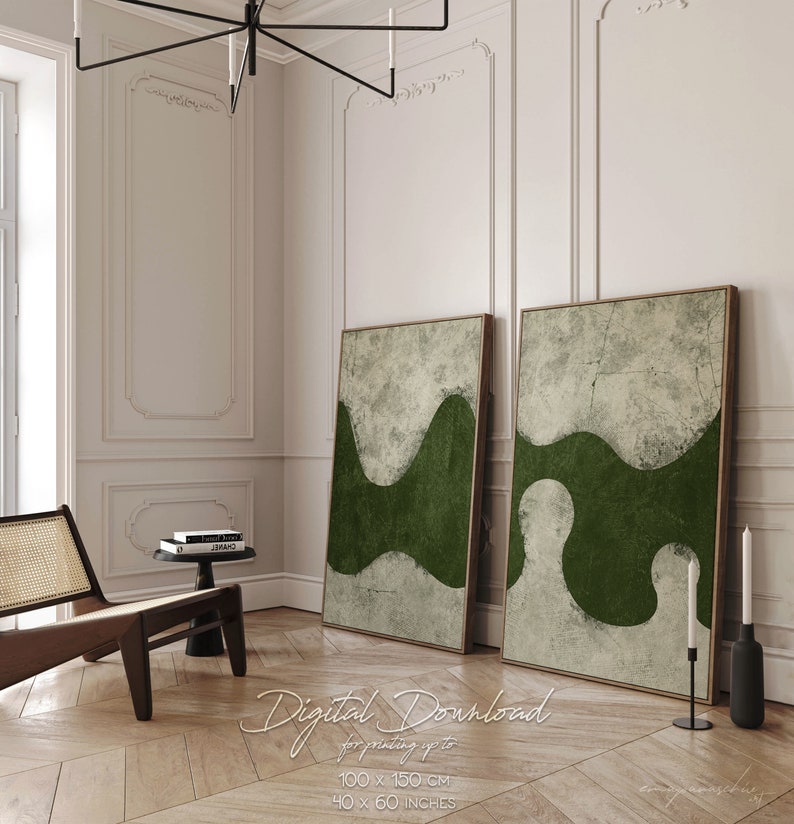 Green Abstract Wabi Sabi Printable Art 2 Set, Dark Olive Green ...