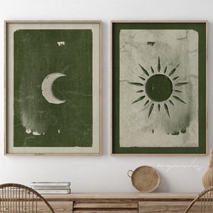 Olive Green Sun and Moon Wall Art, Dark Green Printable Abstract Art