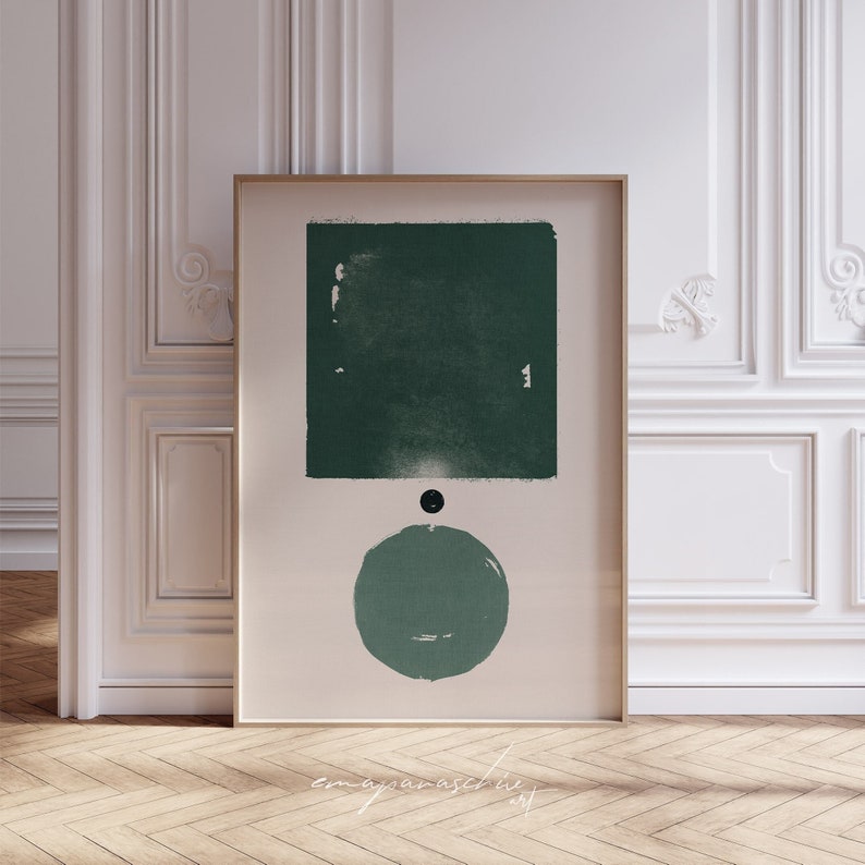 Peut inclure: Impression d'art abstrait avec un carr&eacute; et un cercle verts sur un fond cr&egrave;me. L'impression est encadr&eacute;e dans un cadre dor&eacute;.