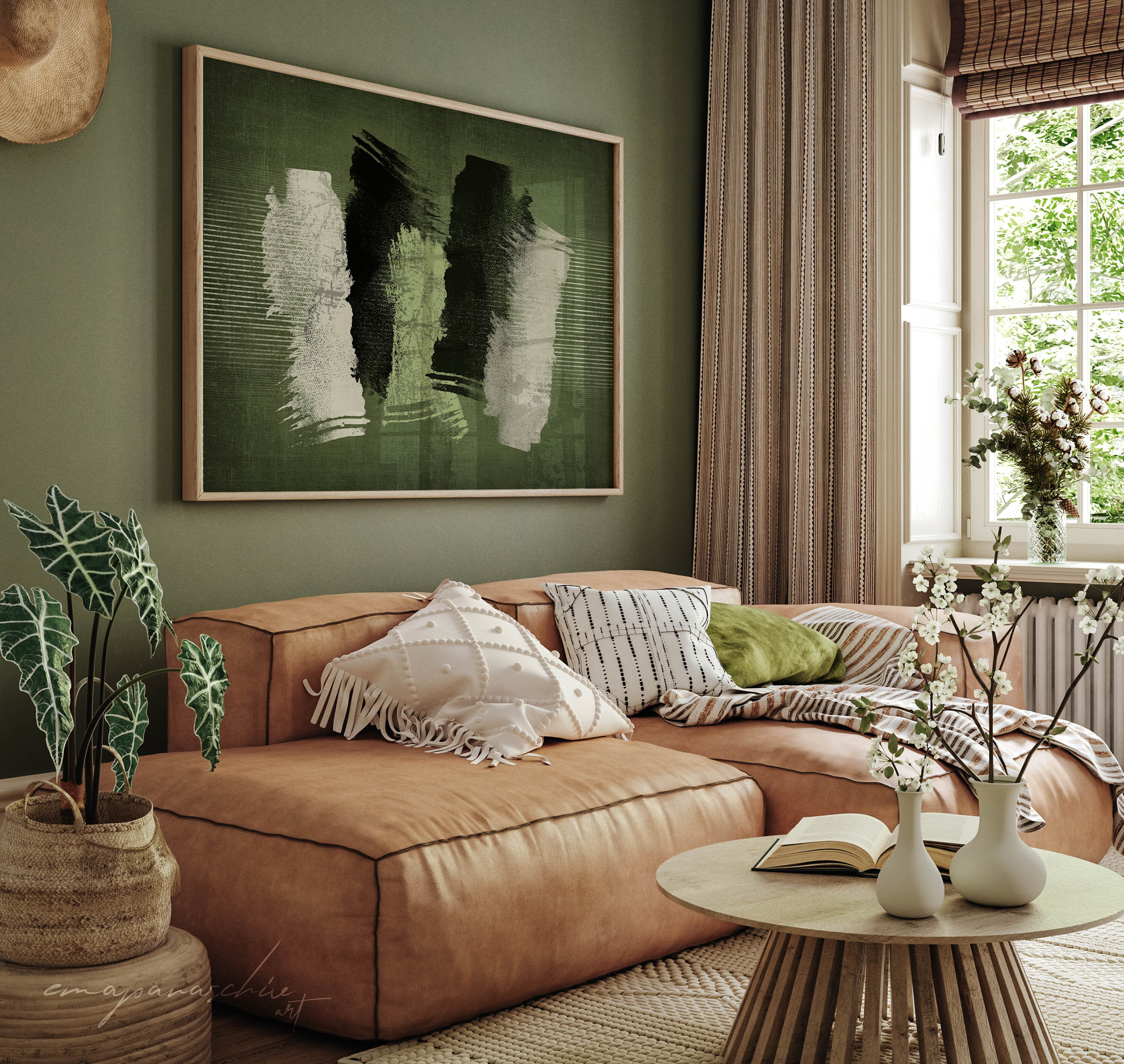 Dark Green Modern Brush Strokes Printable Wall Art, Textured Moody ...