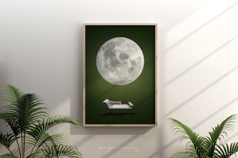 Large Dark Deep Green Moon Sofa Printable Wall Art, Dreamy Surreal Dark