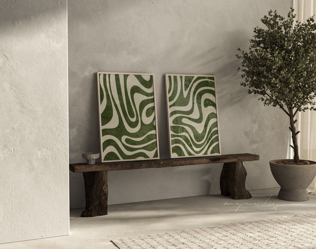 Olive Green Retro Art Prints, Dark Green Groovy Printable Art Set