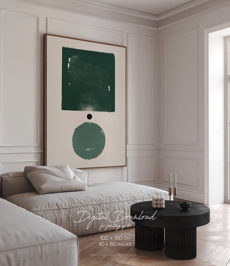 Peut inclure: Impression num&eacute;rique d'art abstrait avec un carr&eacute; et un cercle verts sur un fond beige. L'impression est encadr&eacute;e et accroch&eacute;e &agrave; un mur blanc dans un salon moderne.
