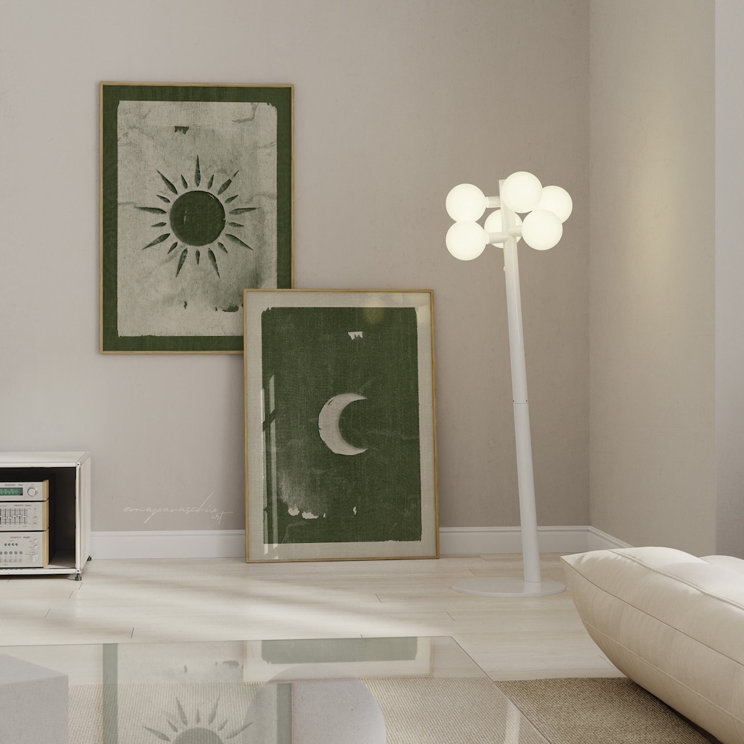 Olive Green Sun and Moon Wall Art, Dark Green Printable Abstract Art