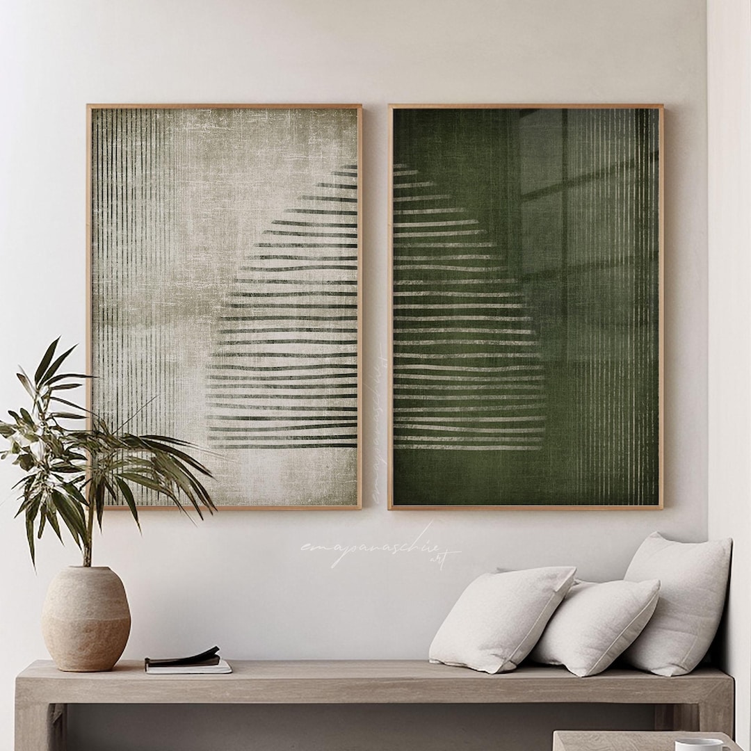 2 Piece Dark Forest Green Striped Wabi Sabi Wall Art Set, Minimalist ...
