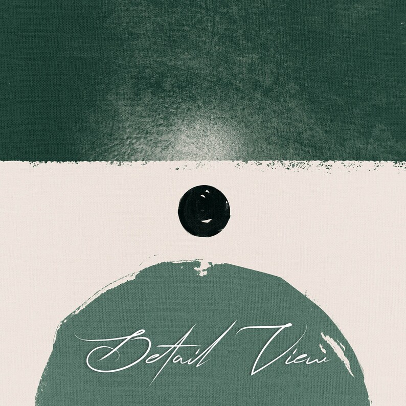 Peut inclure: Impression d'art abstrait avec un cercle noir et un cercle vert avec le texte "Detail View" en blanc.
