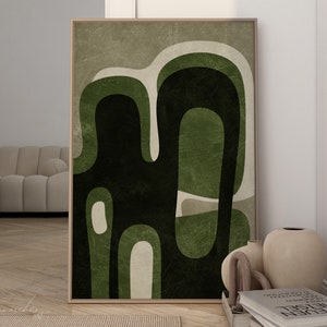 Arte digitale moderna verde scuro da scaricare, arredamento estetico per la casa verde marrone, stampa astratta maschile verde oliva, opera d'arte Japandi nei toni della terra