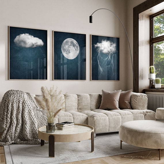 Triptych Dark Blue Thunderstorm Moon Cloud Printable Wall Art, 3-Piece Moody Surreal Digital Download